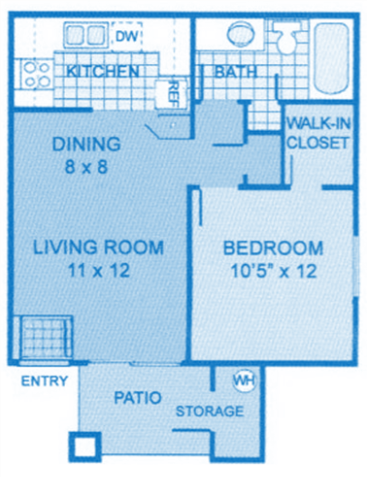 Floor plan for 1 bed, 1 bath, 535 sqft