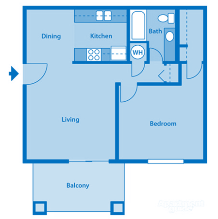 Floor plan for 1 bed, 1 bath, 688 sqft