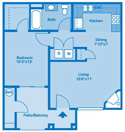 Floor plan for 1 bed, 1 bath, 803 sqft