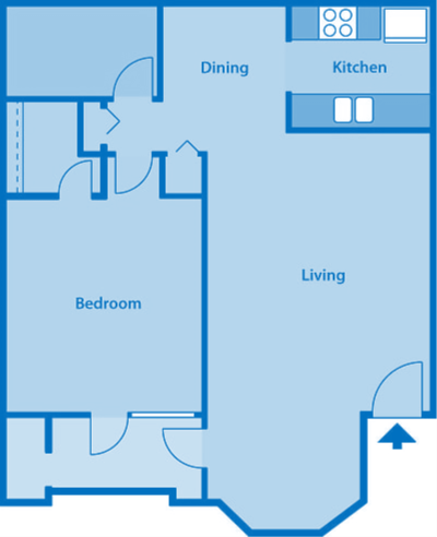 Floor plan for 1 bed, 1 bath, 686 sqft