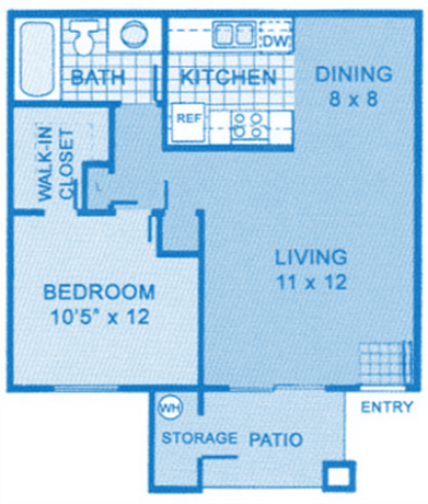 Floor plan for 1 bed, 1 bath, 635 sqft