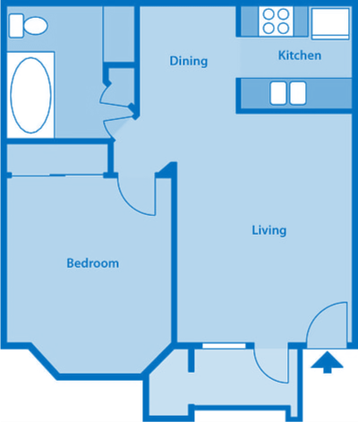 Floor plan for 1 bed, 1 bath, 616 sqft
