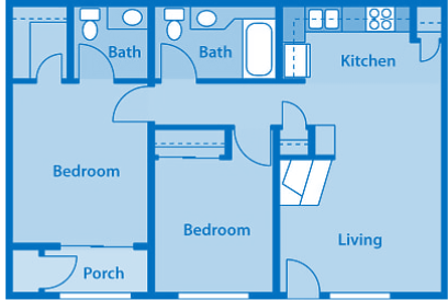 Floor plan for 2 beds, 1.5 baths, 955 sqft