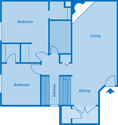 Floor plan for 2 beds, 1 bath, 984 sqft