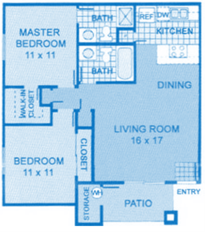Floor plan for 2 beds, 2 baths, 880 sqft