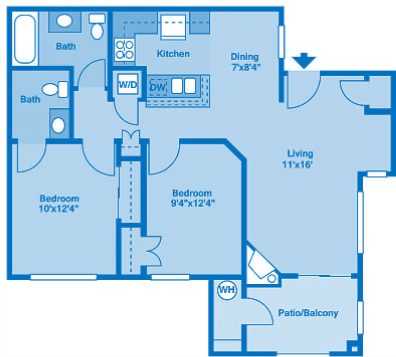 Floor plan for 2 beds, 1.5 baths, 986 sqft