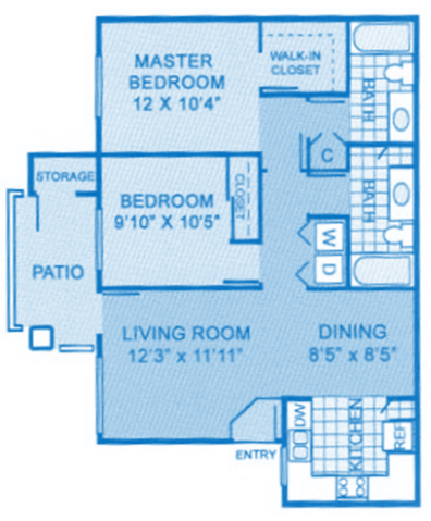 Floor plan for 2 beds, 2 baths, 1000 sqft