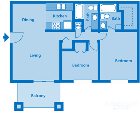 Floor plan for 2 beds, 2 baths, 952 sqft