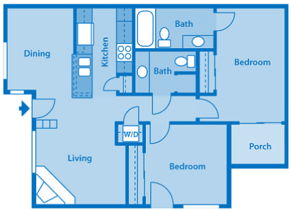 Floor plan for 2 beds, 2 baths, 1067 sqft