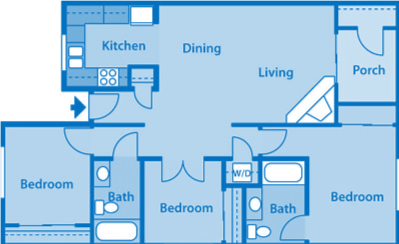 Floor plan for 3 beds, 2 baths, 1253 sqft