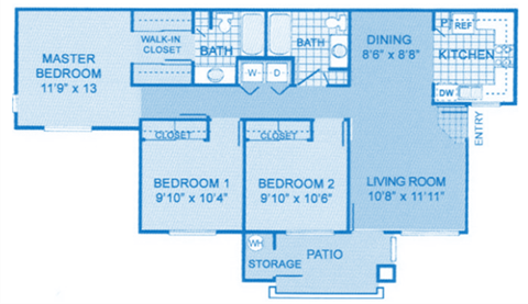 Floor plan for 3 beds, 2 baths, 1200 sqft