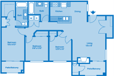 Floor plan for 3 beds, 2 baths, 1286 sqft