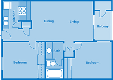 Floor plan for 2 beds, 1 bath, 773 sqft