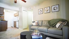 Tucson apartment for rent - A living room with a grey couch, a coffee table, and a ceiling fan.