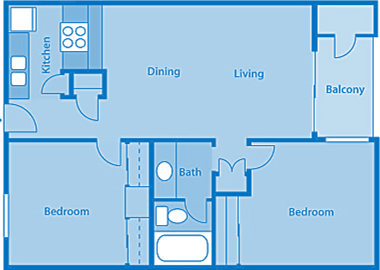 Floor plan for 2 beds, 1 bath, 809 sqft