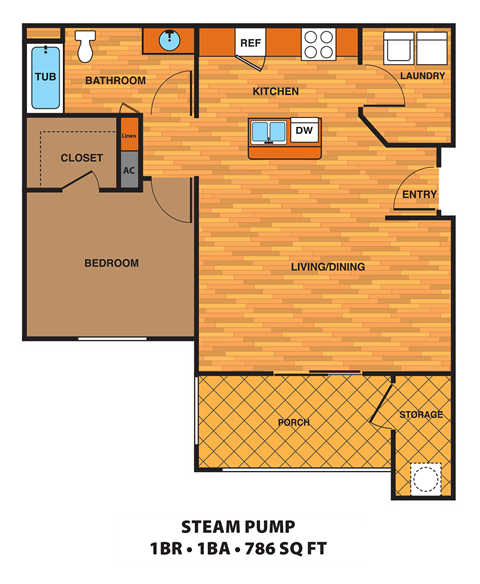 Floor plan for 1 bed, 1 bath, 786 sqft