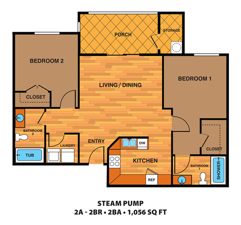 Floor plan for 2 beds, 2 baths, 1056 sqft