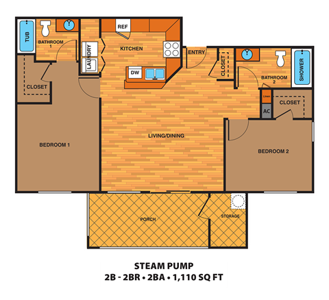 Floor plan for 2 beds, 2 baths, 1110 sqft
