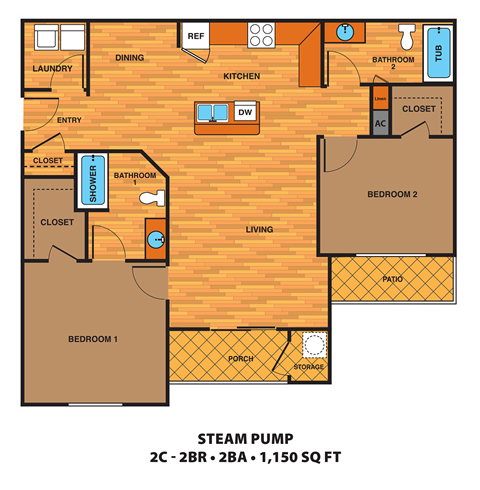 Floor plan for 2 beds, 2 baths, 1150 sqft