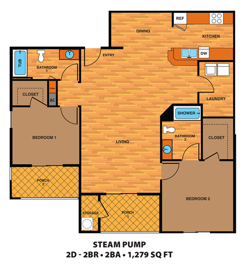 Floor plan for 2 beds, 2 baths, 1279 sqft