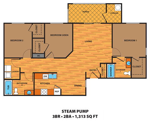 Floor plan for 3 beds, 2 baths, 1313 sqft