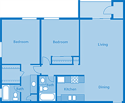 Floor plan for 2 beds, 2 baths, 969 sqft
