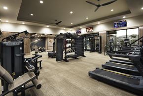 Marana apartment for rent - A gym with a variety of equipment including treadmills, weights, and a television.