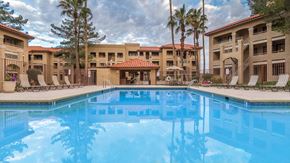 Tucson apartment for rent - Foothills view of sparkling pool with lounging space and tall trees surrounding