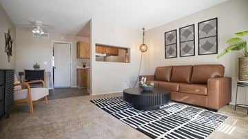 Tucson apartment for rent - A living room with a brown couch and a black and white rug.