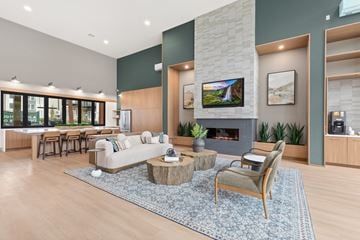 Sumner apartment for rent - A modern living room with a fireplace and a large painting on the wall.
