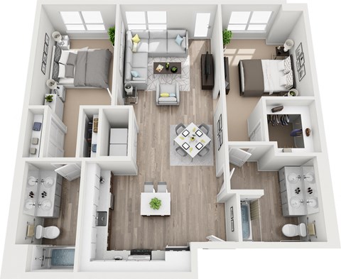 Floor plan for 2 beds, 2 baths, 888 sqft