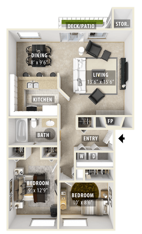 Floor plan for 2 beds, 1 bath, 861 sqft