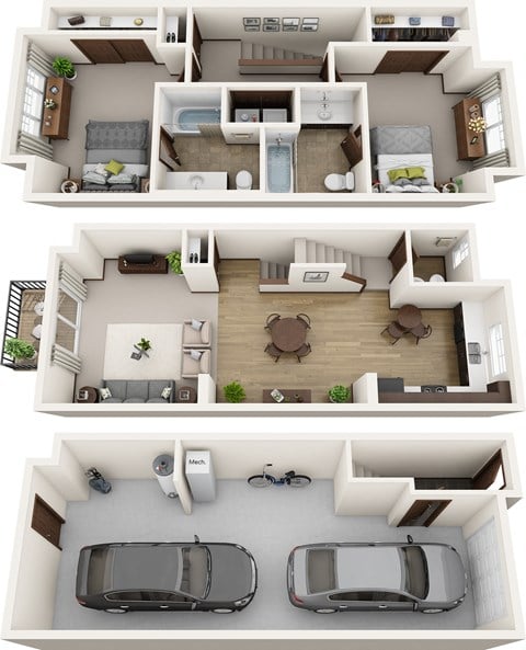 Floor plan for 2 beds, 2.5 baths, 1230 sqft