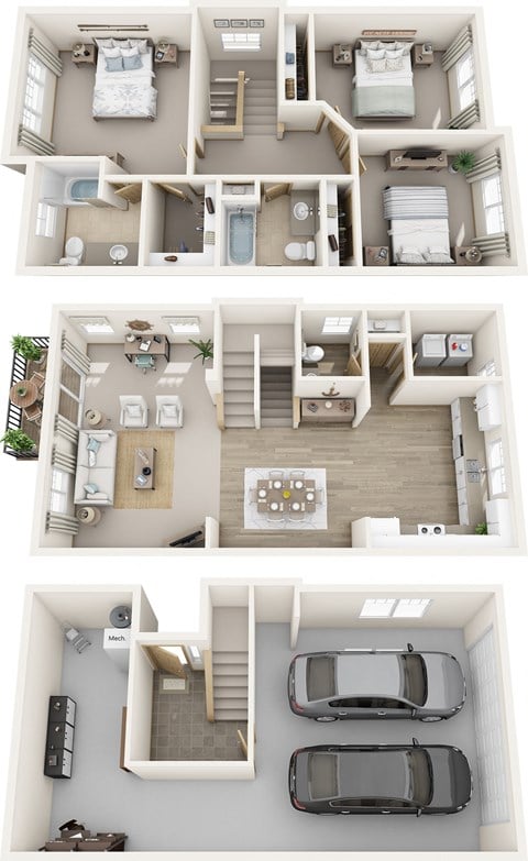 Floor plan for 3 beds, 2.5 baths, 1584 sqft