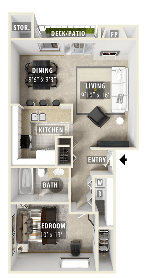 Floor plan for 1 bed, 1 bath, 681 sqft