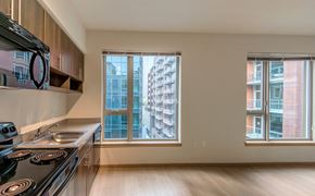 Seattle apartment for rent - a kitchen with a large window and a stove and a sink