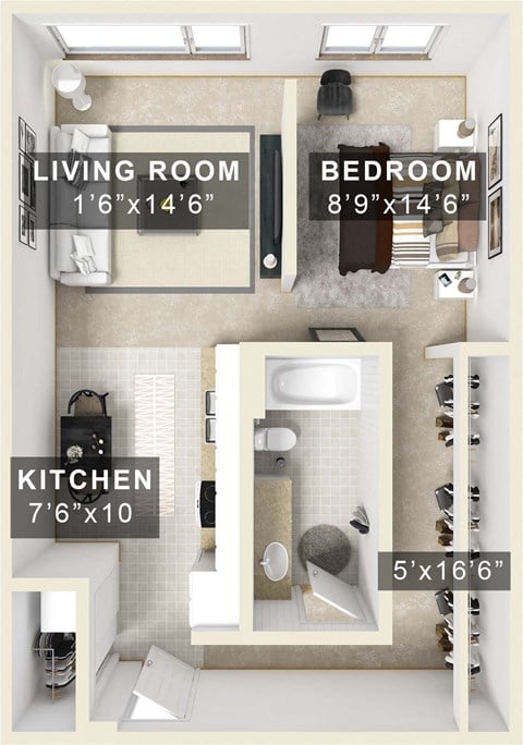 Floor plan for 1 bed, 1 bath, 690 sqft