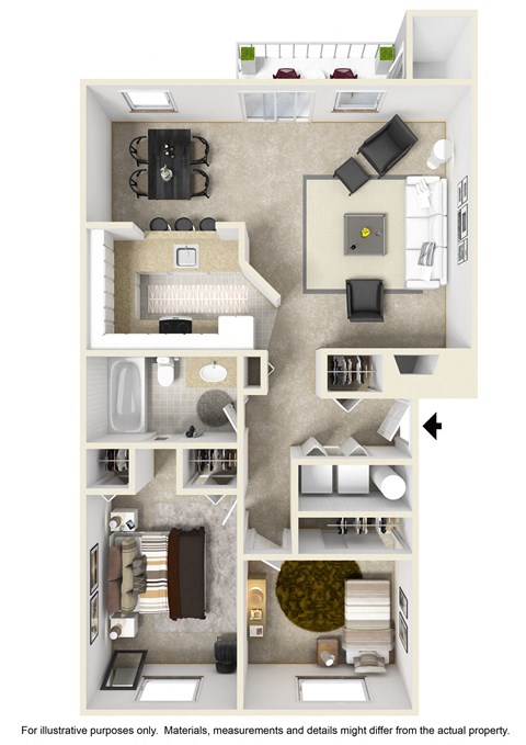 Floor plan for 2 beds, 1 bath, 871 sqft