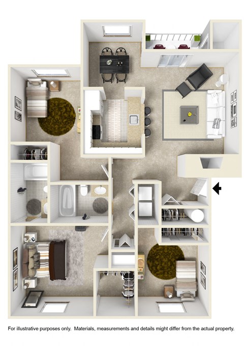 Floor plan for 3 beds, 2 baths, 1108 sqft