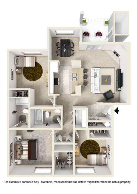 Floor plan for 3 beds, 2 baths, 1029 sqft