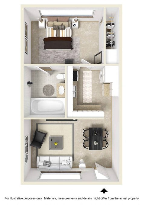 Floor plan for 1 bed, 1 bath, 384 sqft