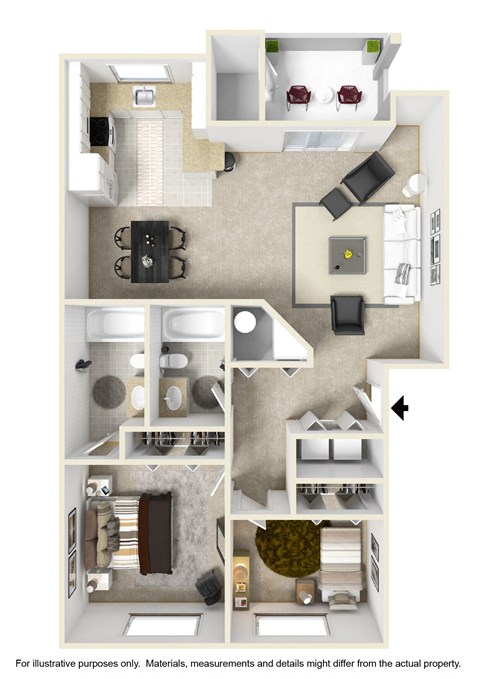Floor plan for 2 beds, 2 baths, 964 sqft