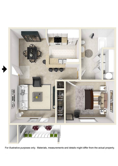 Floor plan for 1 bed, 1 bath, 741 sqft