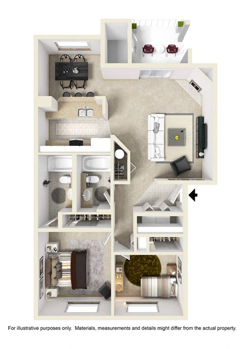 Floor plan for 2 beds, 2 baths, 845 sqft