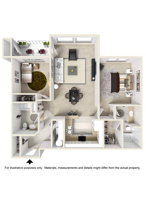 Floor plan for 2 beds, 2 baths, 1034 sqft