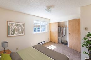 Pacific apartment for rent - A bedroom with a bed, a lamp, a painting, and a closet.