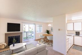 Pacific apartment for rent - A living room with a grey couch, a white coffee table, and a fireplace.