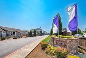 Sumner townhouse for rent - a street with a sign and flags in front of houses