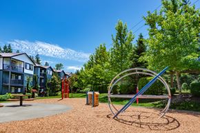 Bonney Lake apartment for rent - A playground with a large metal ring structure in the foreground and apartment buildings in the background.