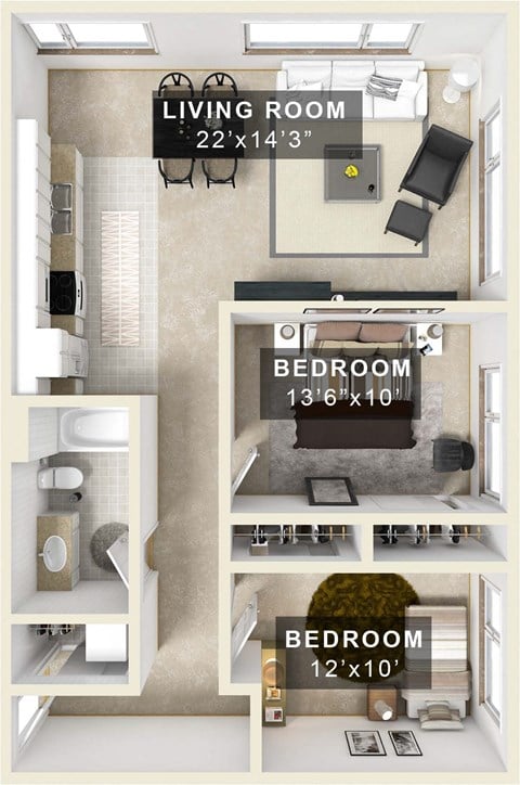 Floor plan for 2 beds, 1 bath, 970 sqft